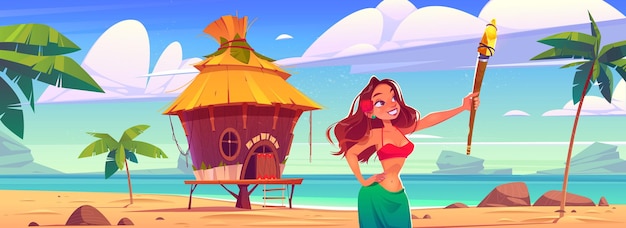 Młoda kobieta trzyma pochodnię na plaży z przyjęciem w chatce na tropikalnej wyspie