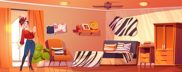 Bezpłatny wektor młoda kobieta w sypialni w stylu egzotycznego safari ilustracja kreskówka wektora podróżniczki stojącej w pokoju ozdobionym pamiątkami tekstylnymi w paski zebry na półce drewniana szafa i szuflada