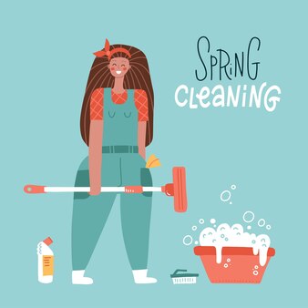 Młoda kobieta z różnymi środkami czyszczącymi myje podłogę transparent z wiosennych porządków z napisem ...