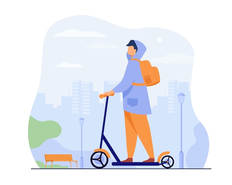 Bezpłatny plik Wektor młody człowiek jedzie skuterem elektrycznym na białym tle ilustracji wektorowych płaskie. kreskówka hipster jedzie wzdłuż chodnika w parku miejskim.
