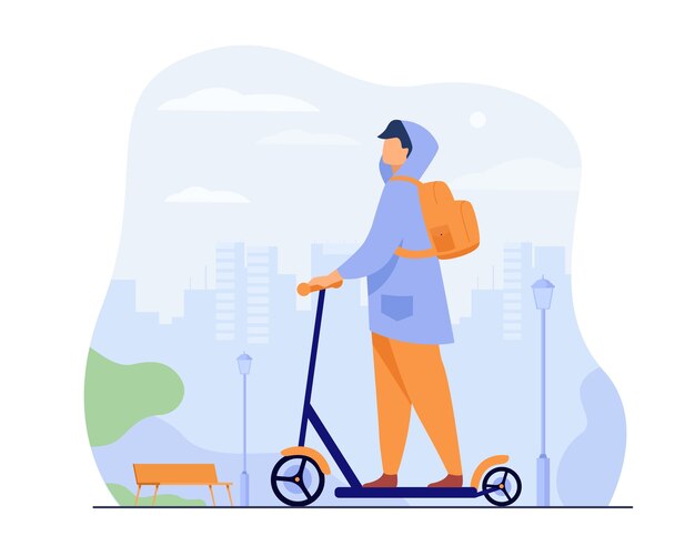 Młody człowiek jedzie skuterem elektrycznym na białym tle ilustracji wektorowych płaskie. Kreskówka hipster jedzie wzdłuż chodnika w parku miejskim.
