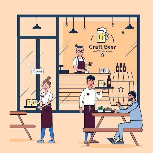 Młody człowiek otwiera mały sklep z piwem, zatrudnia dwóch pracowników, a firma rośnie i klienci przychodzą codziennie na piwo. ilustracja płaska