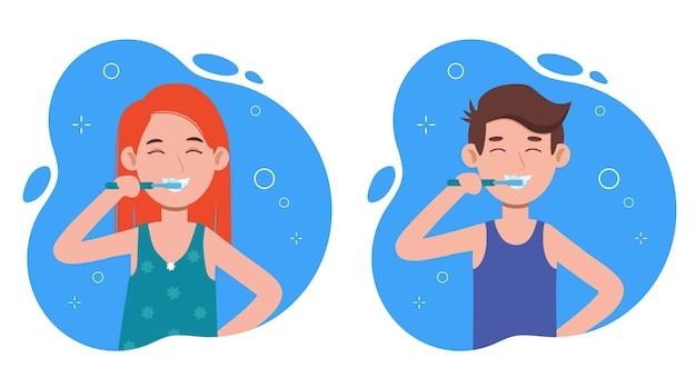 Młody mężczyzna i kobieta szczotkuje zęby w łazience. higiena jamy ustnej, dbałość o zdrowie zębów.