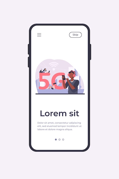 Bezpłatny wektor młodzi ludzie korzystający z szybkiego bezprzewodowego połączenia internetowego 5g. mężczyźni i kobiety korzystający z urządzeń cyfrowych z bezpłatnym miejskim wi-fi. szablon aplikacji mobilnej ilustracji wektorowych