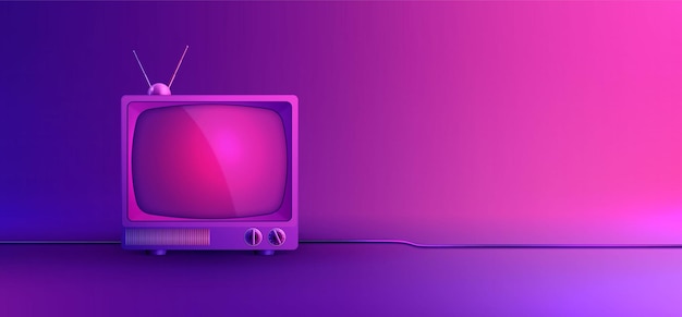 Bezpłatny wektor mockup telewizora na kolorowym neonowym tle z kompozycją retro vintage telewizora z ilustracją wektorową drutu i anteny