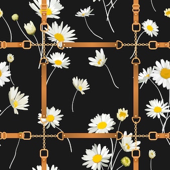 Moda bezszwowe wzór ze złotymi łańcuchami, paskami i kwiatami stokrotki. tkanina tekstylna z kwiatowym nadrukiem z elementami rumianku i biżuterii. ilustracja wektorowa