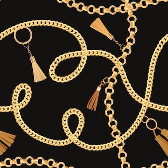 Moda wzór ze złotymi łańcuchami. tkanina wzór tła z łańcuchem, metalowe akcesoria i biżuterię do tapet, wydruków. ilustracja wektorowa