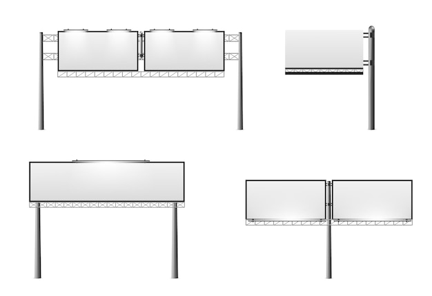 Bezpłatny wektor model billbordu ulicznego z pustym białym banerem i lampami na metalowych filarach realistyczny zestaw ilustracji wektorowej zewnętrznej tablicy drogowej do znaków reklamowych szablon panelu znakowania poziomego