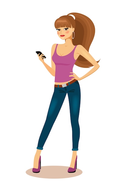 Bezpłatny wektor modna dziewczyna z brązowymi włosami w kucyk, trzymając telefon komórkowy