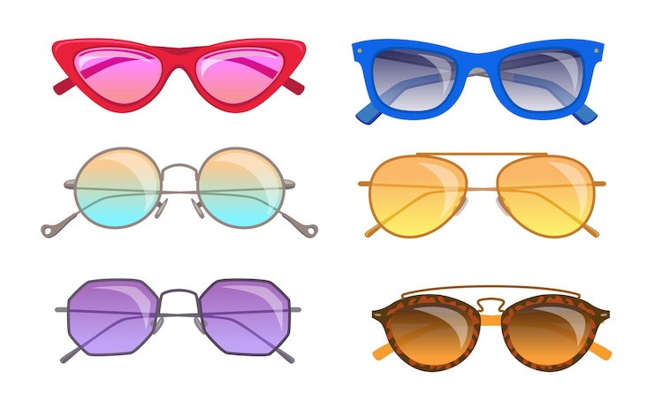 Bezpłatny plik Wektor modne okulary retro wektor zestaw ilustracji. kolekcja modnych okularów przeciwsłonecznych vintage o różnych kolorach i kształtach na białym tle. moda, dodatki, koncepcja na lato