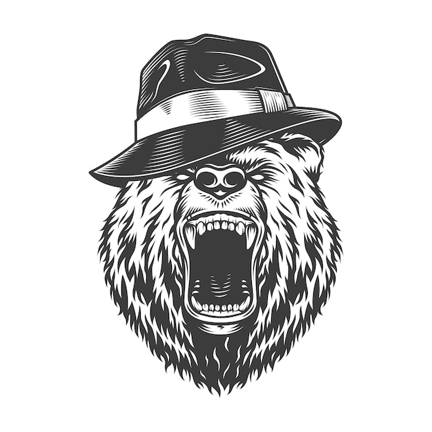 Bezpłatny wektor monochromatyczna głowa gangstera niedźwiedzia w kapeluszu