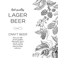 Bezpłatny wektor monochromatyczna karta z ornamentem chmielowym z kwiatem chmielu w pionie po prawej stronie i słowami piwo lager