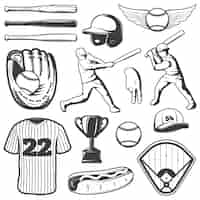 Bezpłatny wektor monochromatyczne elementy baseballu z strój sportowy i gracze trofeum gestów hot dog na białym tle