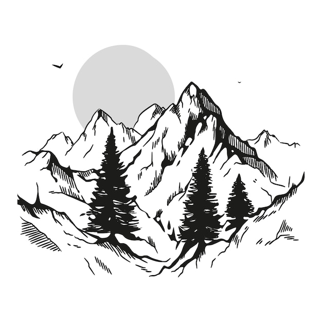 Monochromatyczne ręcznie rysowane ilustracja zarys góry