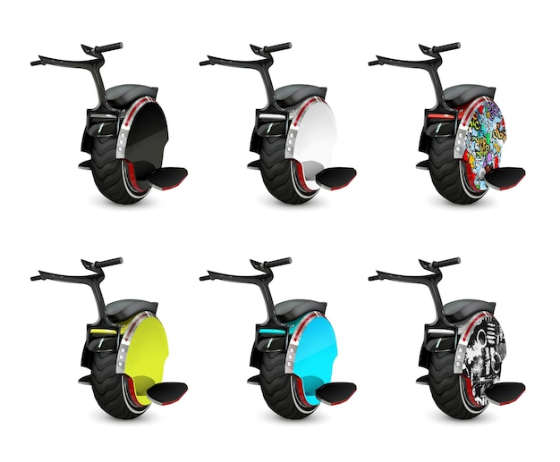 Bezpłatny wektor monowheel kolorowy realistyczny zestaw izolowanych ikon z obrazami monocykli z różnymi kolorowymi grafikami bocznymi ilustracji wektorowych