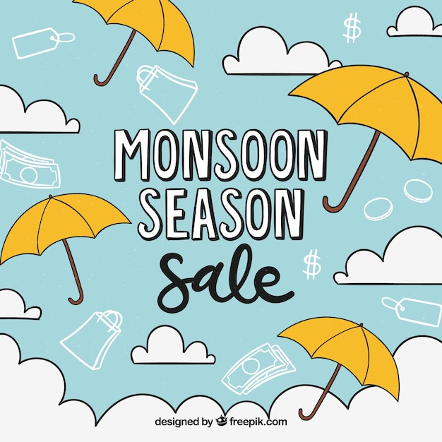 Bezpłatny wektor monsunu sezonu sprzedaży tło z parasolami