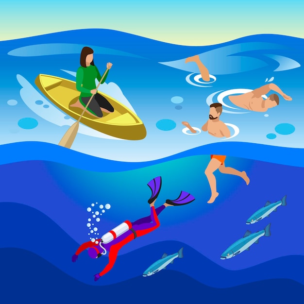 Morskie Zajęcia Na świeżym Powietrzu Z Izometryczną Ilustracją Symboli Swimminf I Nurkowania