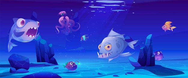 Bezpłatny wektor morze podwodne kreskówka wektor scena z rybami