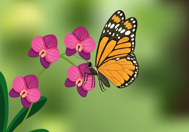 Motyl-monarcha na żywych kwiatach orchidei