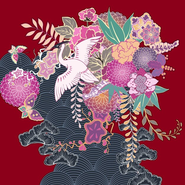 Motyw kwiatowy w stylu vintage kimono