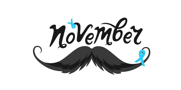 Movember ręcznie rysowane napis. wąsy wąsy z niebieską wstążką. rak prostaty.