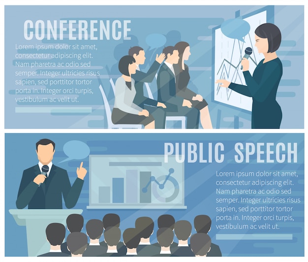 Mowa publiczna na żywo publiczności i udane prezentacje konferencyjne 2 płaskie kompozycje banerów