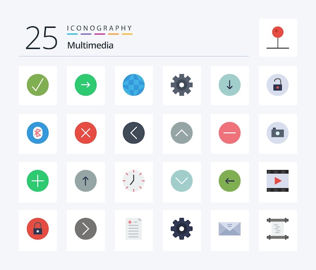 Multimedialny Pakiet Ikon 25 Płaskich Kolorów, W Tym Odtwarzacz Multimedialny Ze Strzałkami Obok Multimediów Multimedialnych