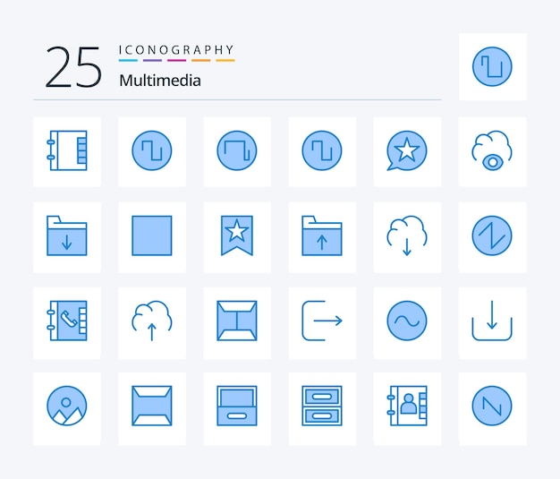 Bezpłatny wektor multimedialny pakiet ikon 25 w kolorze niebieskim, w tym oko dokumentu wiadomości w folderze kontrolnym