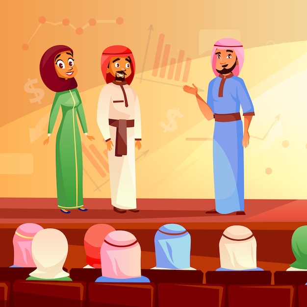 Bezpłatny wektor muzułmanów na konferencji ilustracji saudi arabian mężczyzny i kobiety w khaliji i hidżab