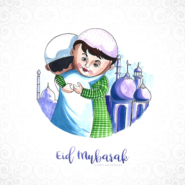 Muzułmańscy Dzieci Przytulają Się I życzą Eid Mubarak Tła Uroczystości