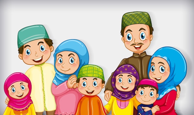 Muzułmański Członek Rodziny Na Tle Gradientu Koloru Postaci Z Kreskówek