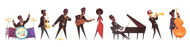 Muzycy jazzowi zestaw na białym tle kreskówek ludzkich postaci ludzi grających na różnych instrumentach muzycznych