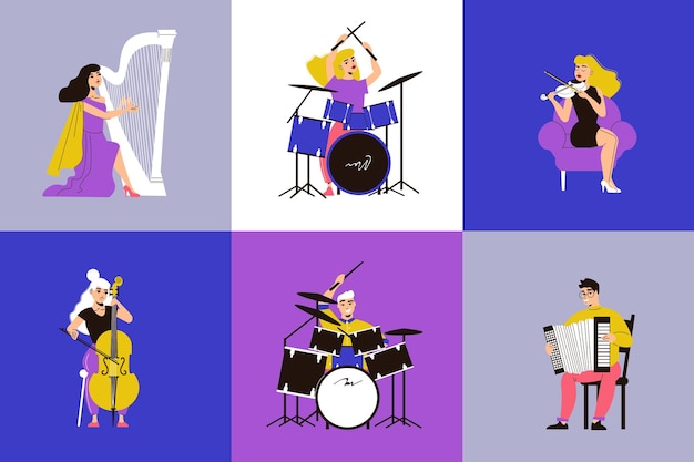 Muzycy zestaw ludzi grających na różnych instrumentach muzycznych ilustracji