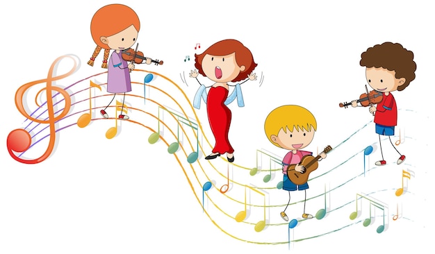 Muzyczne symbole melodii z wieloma postaciami z kreskówek dla dzieci doodle