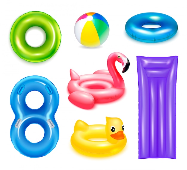 Nadmuchiwane Gumowe Zabawki Pływające Pierścienie Zestaw Izolowanych Realistycznych Obrazów O Kształcie Koła I Dziecinnej Wody