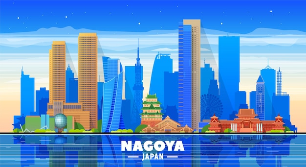 Bezpłatny wektor nagoya japan skyline z panoramą na tle nieba ilustracja wektorowa koncepcja podróży biznesowych i turystyki z nowoczesnymi budynkami wektor do prezentacji transparentu strony internetowej