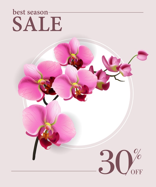 Bezpłatny wektor najlepsza sprzedaż w sezonie, trzydzieści procent od plakatu z różowymi kwiatami i białym kółkiem.