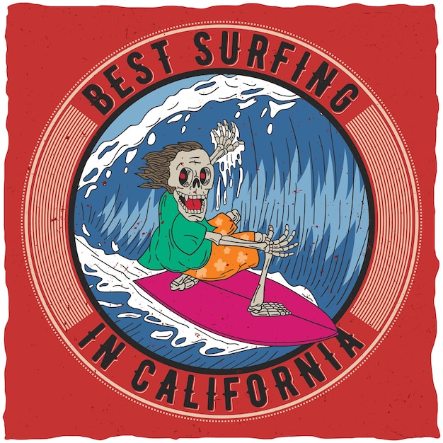 Najlepszy plakat surfingowy w Kalifornii ze śmieszną ilustracją szkieletu na pokładzie