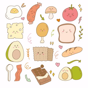 Naklejka płaska z awokado z serem chlebowym i jajkiem. śniadanie ręcznie rysowane doodle zestaw kolekcja ikona planowania.