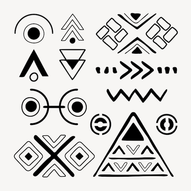 Bezpłatny wektor naklejka w kształcie etnicznym, czarno-biały wzór geometryczny doodle, zestaw wektorowy