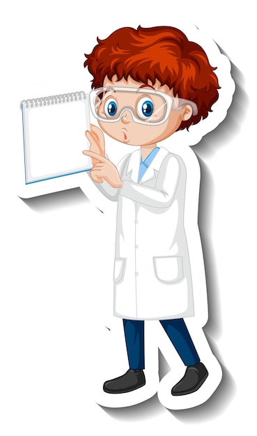 Bezpłatny wektor naklejka z postacią z kreskówek z chłopcem w sukni naukowej