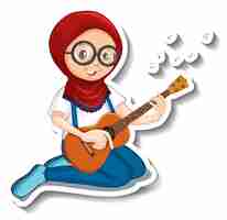 Bezpłatny wektor naklejka z postacią z kreskówek z dziewczyną grającą na gitarze