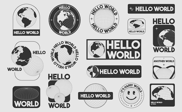 Nalepki globusa Y2K z tekstem Hello World