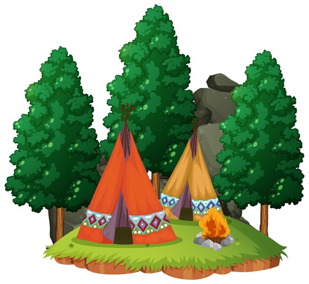 Namiotowy camping w lesie na białym tle
