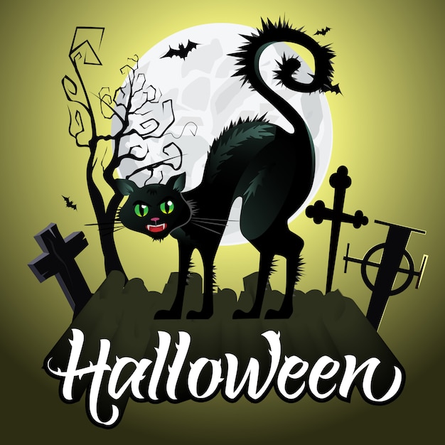 Napis na Halloween. Syczący czarny kot na cmentarzu, nietoperze, księżyc