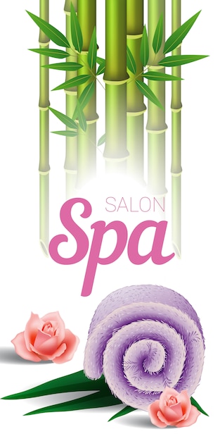 Bezpłatny wektor napis salon spa, bambus, ręcznik i róże. plakat reklamowy salonu spa