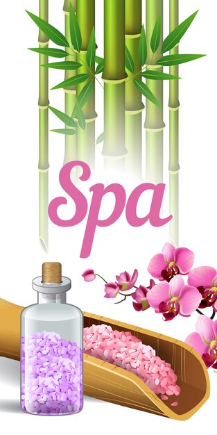 Napis Spa, bambus, orchidea i sól. Plakat reklamowy salonu spa