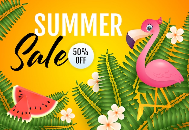 Bezpłatny wektor napis summer sale, flamingo, arbuz i rośliny