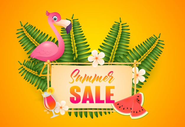 Napis Summer Sale, Flamingo, Koktajl I Arbuz