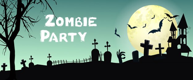 Napis Zombie Party z cmentarza, nietoperzy i księżyca